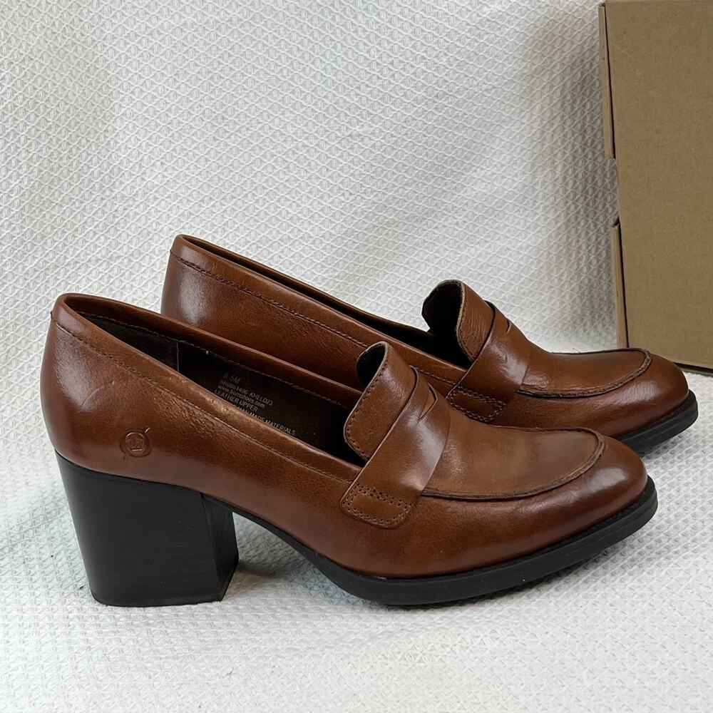 NWB Born Khelda Leather Penny Loafer Block Heel Cognac Women’s 8.5M New with Box - Picture 3 of 13